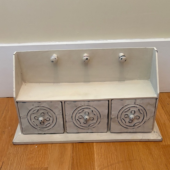 Shabby Chic White Wooden Wall Shelf with Hooks and Drawers - Picture 1 of 6